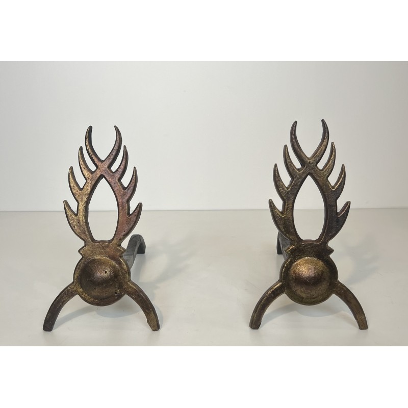 Pair of Gilt Wrought Iron Andirons in the Style of Garouste et Bonnetti, French Work, circa 1970