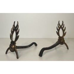 Pair of Gilt Wrought Iron Andirons in the Style of Garouste et Bonnetti, French Work, circa 1970