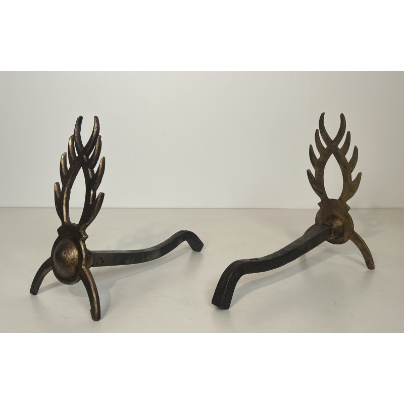 Pair of Gilt Wrought Iron Andirons in the Style of Garouste et Bonnetti, French Work, circa 1970