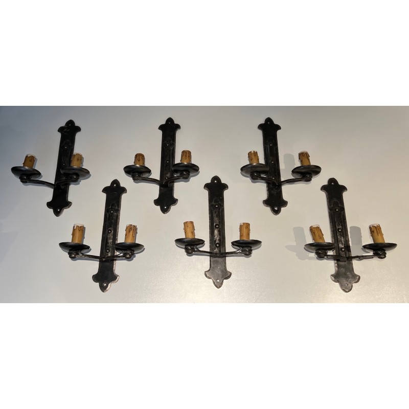Set of Six Wrought Iron Wall Lights, French Work, circa 1950
