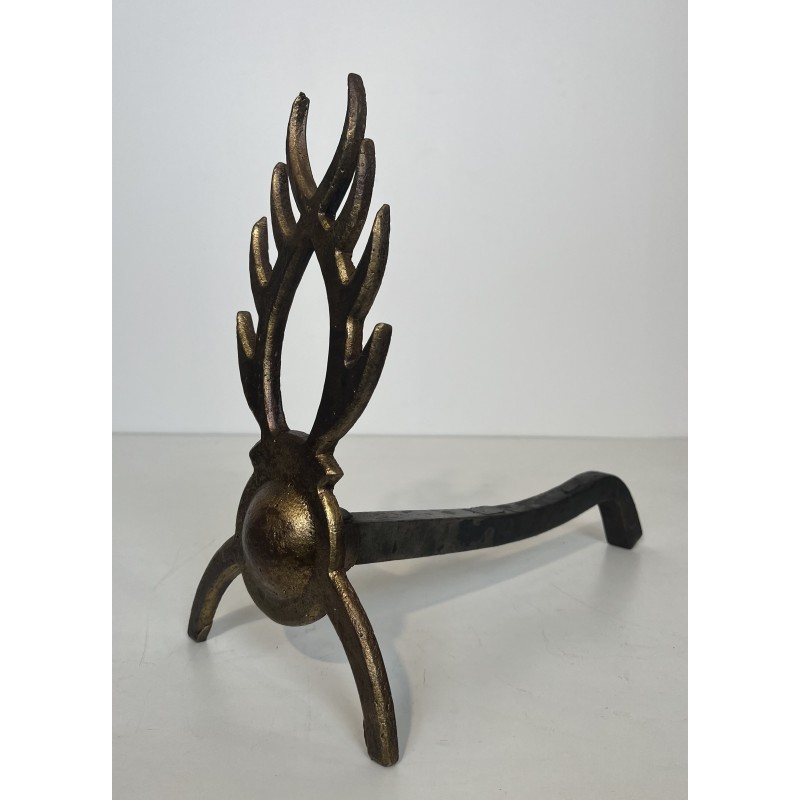 Pair of Gilt Wrought Iron Andirons in the Style of Garouste et Bonnetti, French Work, circa 1970