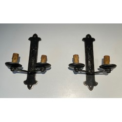 Set of Six Wrought Iron Wall Lights, French Work, circa 1950