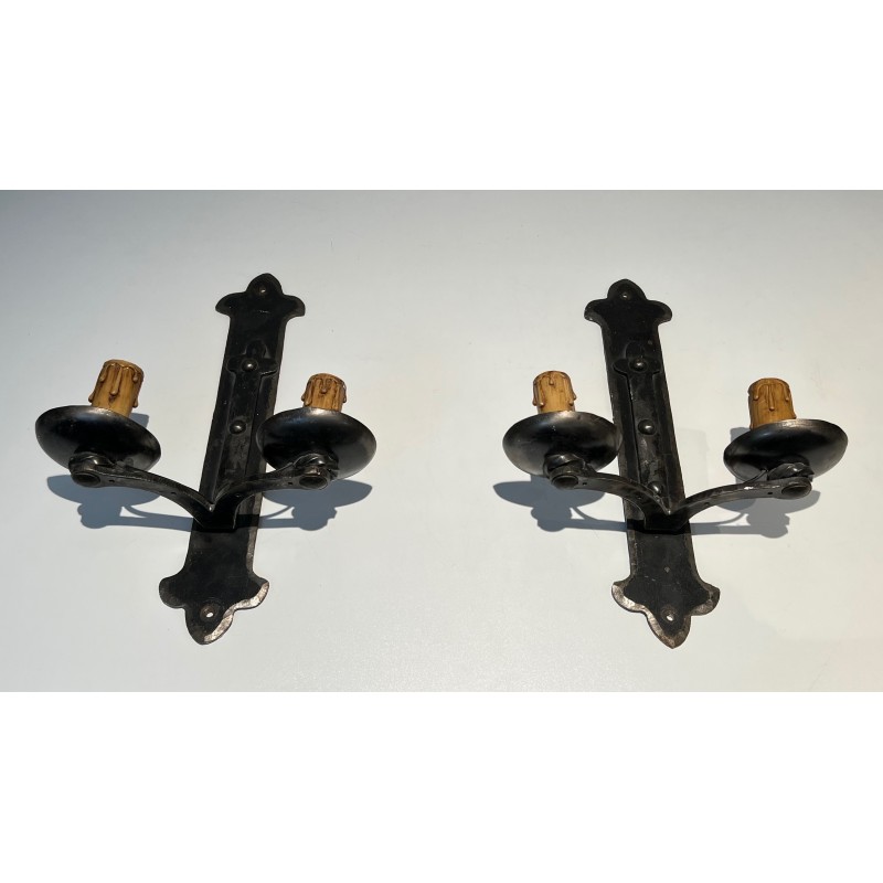 Set of Six Wrought Iron Wall Lights, French Work, circa 1950