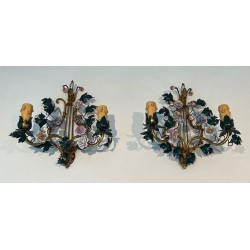 Pair of Art Déco Bronze and Porcelain Flower Wall Lights | French Work, circa 1940