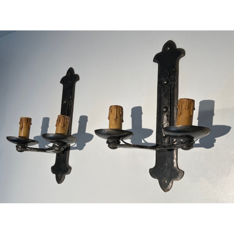 Set of Six Wrought Iron Wall Lights, French Work, circa 1950