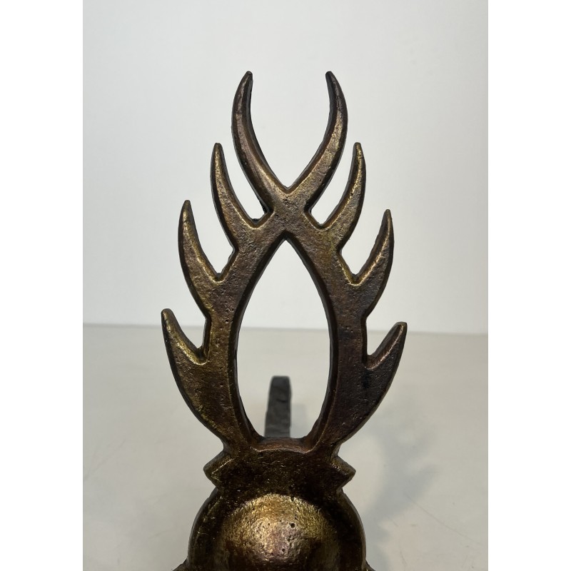 Pair of Gilt Wrought Iron Andirons in the Style of Garouste et Bonnetti, French Work, circa 1970