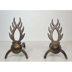 Pair of Gilt Wrought Iron Andirons in the Style of Garouste et Bonnetti, French Work, circa 1970