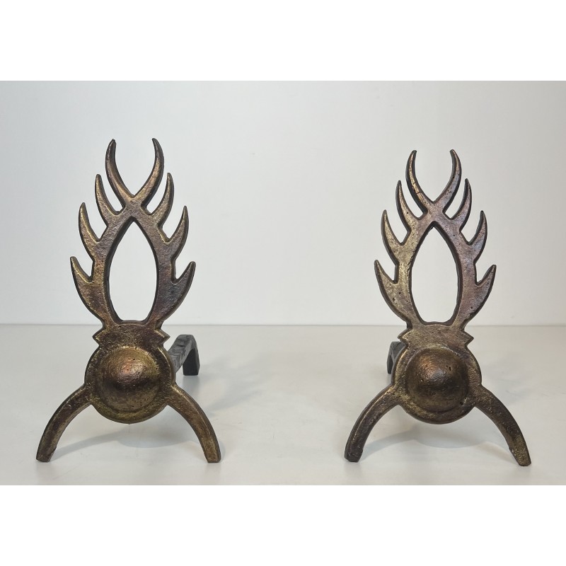 Pair of Gilt Wrought Iron Andirons in the Style of Garouste et Bonnetti, French Work, circa 1970