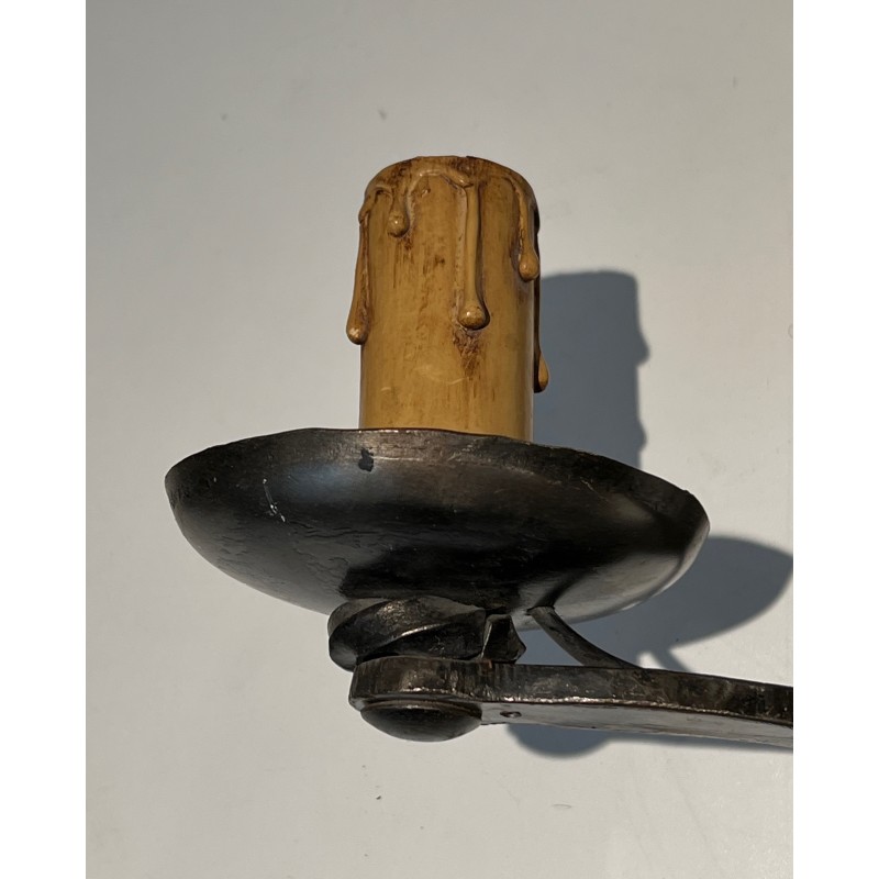 Set of Six Wrought Iron Wall Lights, French Work, circa 1950