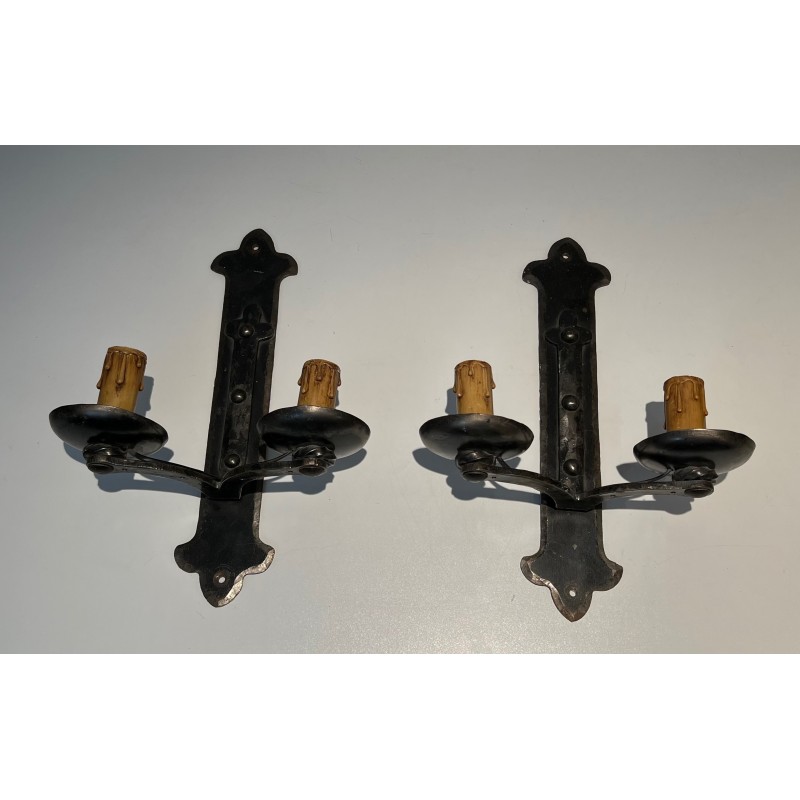 Set of Six Wrought Iron Wall Lights, French Work, circa 1950