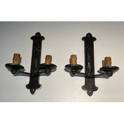 Set of Six Wrought Iron Wall Lights, French Work, circa 1950