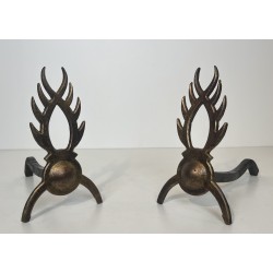 Pair of Gilt Wrought Iron Andirons in the Style of Garouste et Bonnetti, French Work, circa 1970
