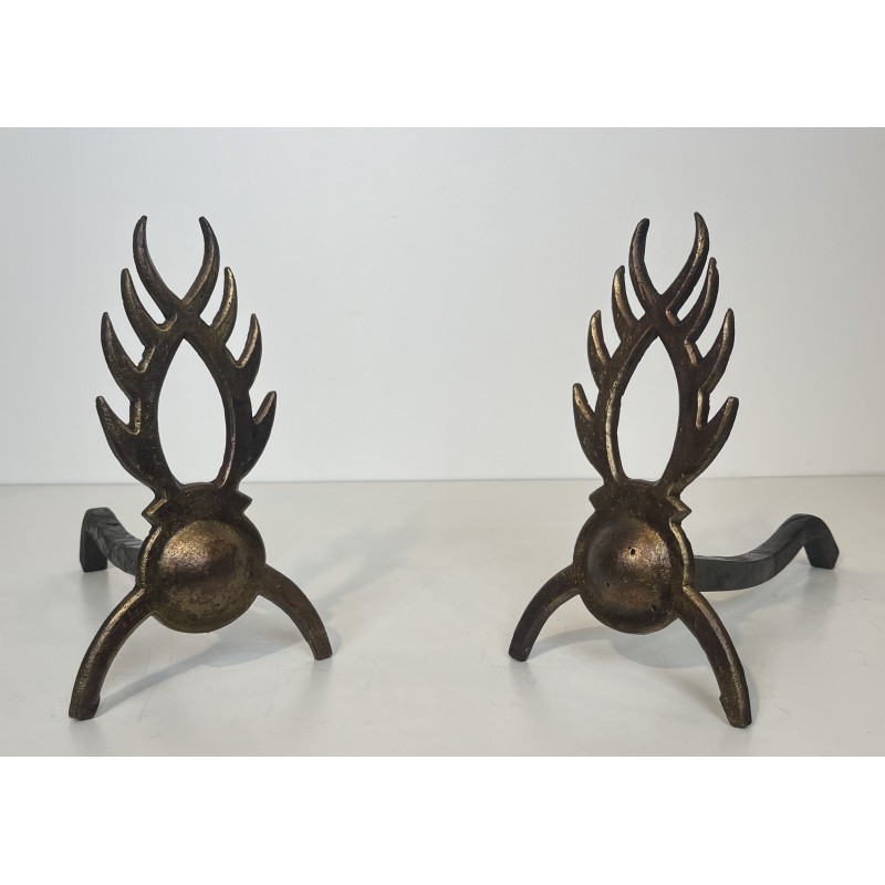 Pair of Gilt Wrought Iron Andirons in the Style of Garouste et Bonnetti, French Work, circa 1970
