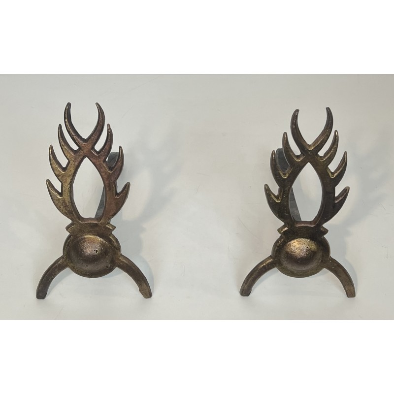 Pair of Gilt Wrought Iron Andirons in the Style of Garouste et Bonnetti, French Work, circa 1970