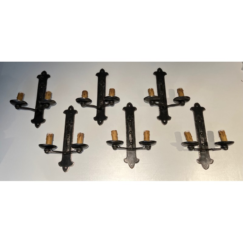 Set of Six Wrought Iron Wall Lights, French Work, circa 1950