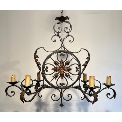 Large Wrought Iron Six-Light Chandelier with Gilt Palmettes, French Work, circa 1940