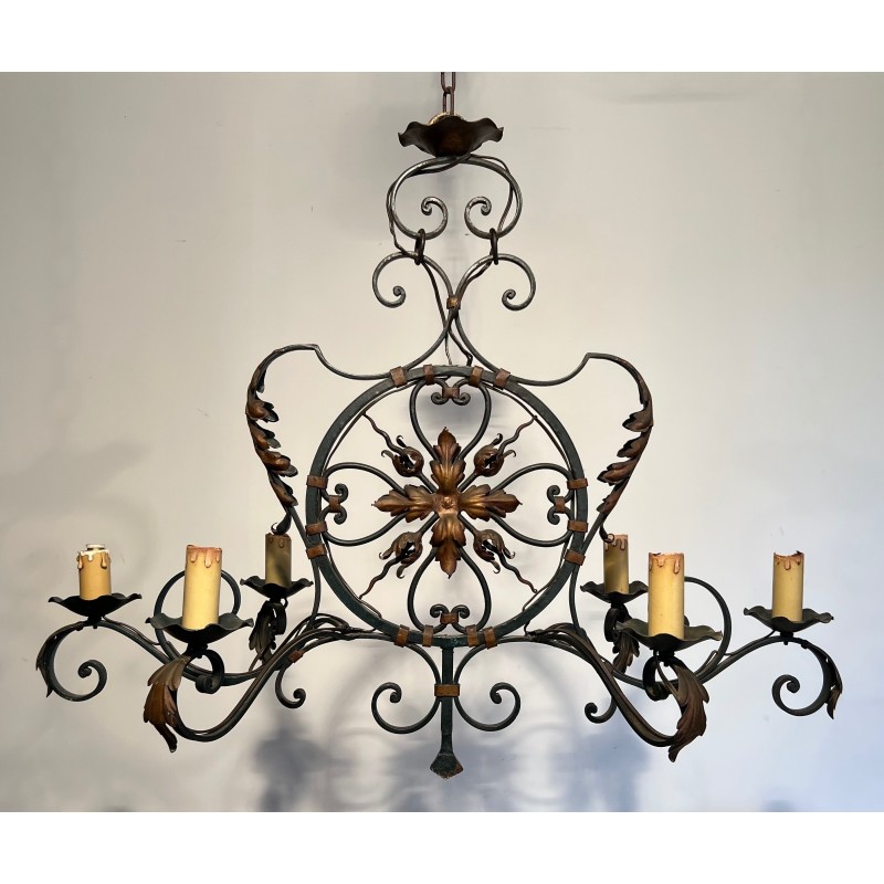 Important Lustre en Fer Forgé à Six Bras de Lumières Ornés de Palmettes Dorées, Travail Français, Vers 1940