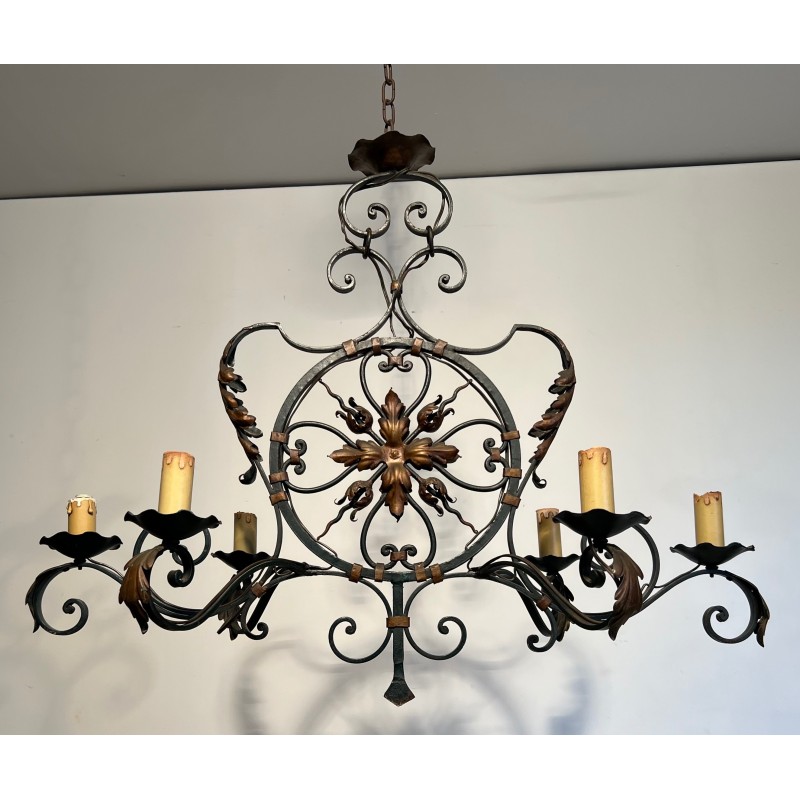 Large Wrought Iron Six-Light Chandelier with Gilt Palmettes, French Work, circa 1940