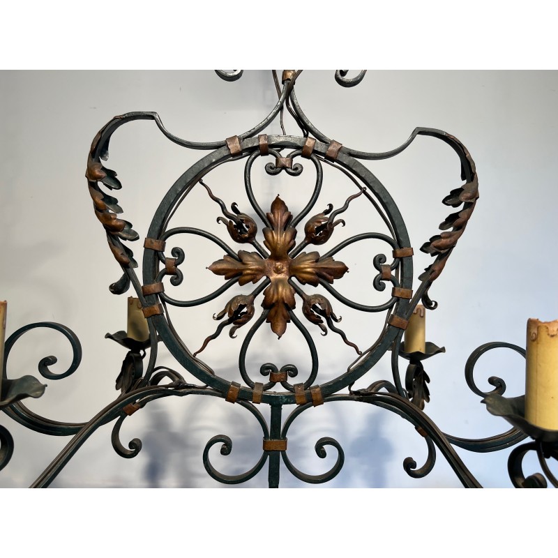 Large Wrought Iron Six-Light Chandelier with Gilt Palmettes, French Work, circa 1940