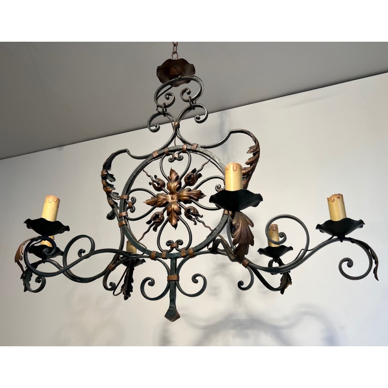 Large Wrought Iron Six-Light Chandelier with Gilt Palmettes, French Work, circa 1940