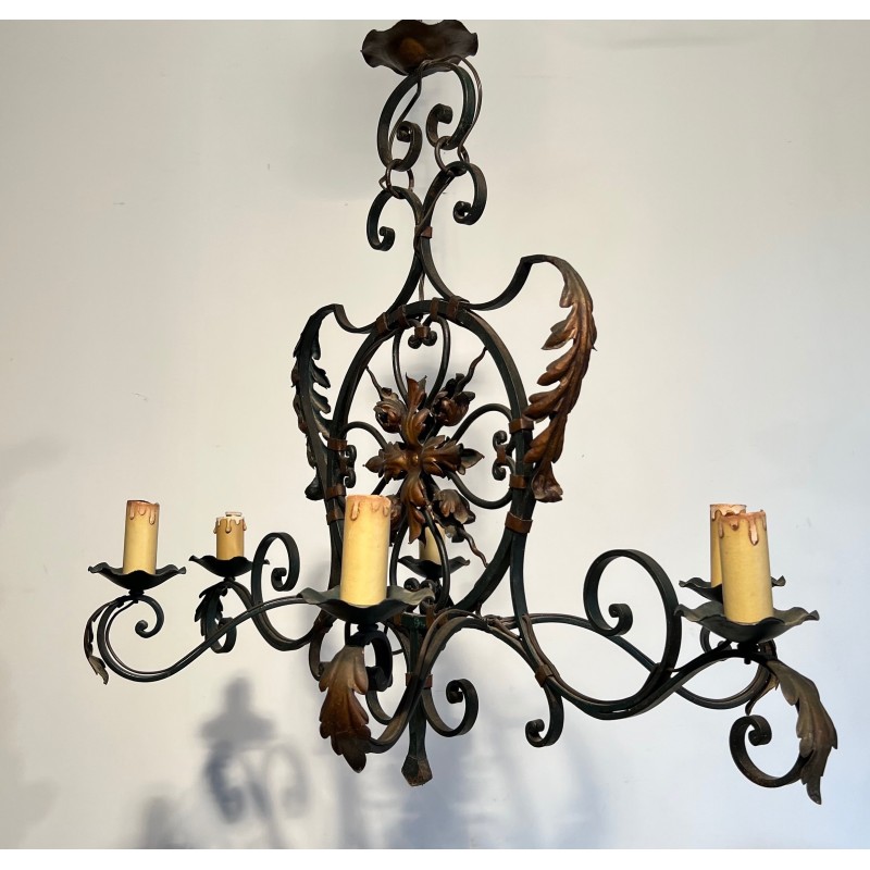 Large Wrought Iron Six-Light Chandelier with Gilt Palmettes, French Work, circa 1940