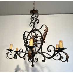 Important Lustre en Fer Forgé à Six Bras de Lumières Ornés de Palmettes Dorées, Travail Français, Vers 1940