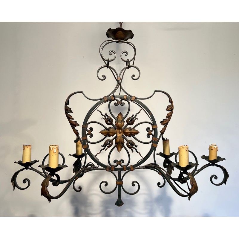 Large Wrought Iron Six-Light Chandelier with Gilt Palmettes, French Work, circa 1940