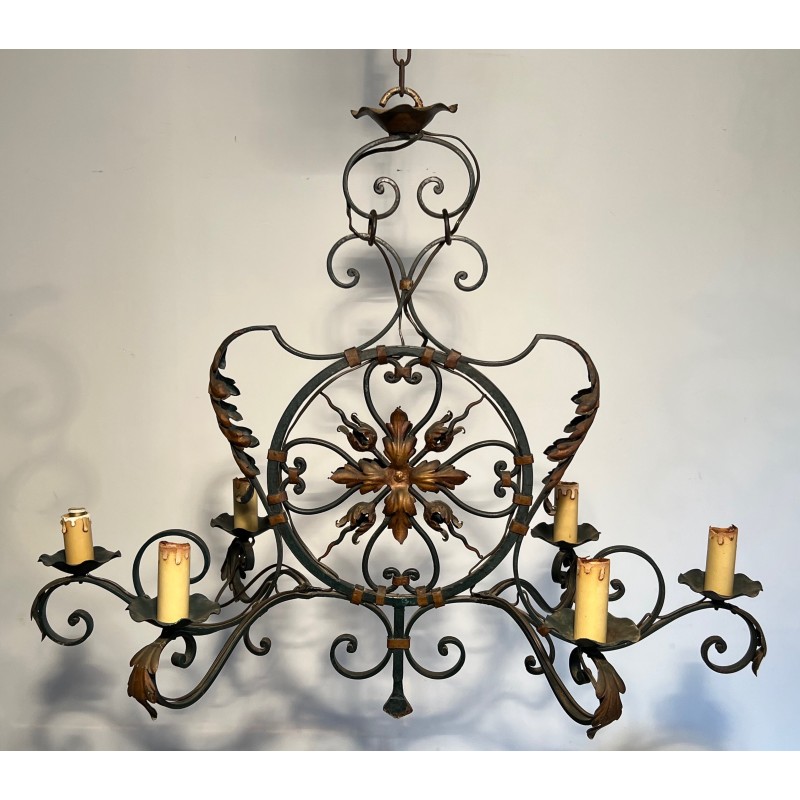 Important Lustre en Fer Forgé à Six Bras de Lumières Ornés de Palmettes Dorées, Travail Français, Vers 1940