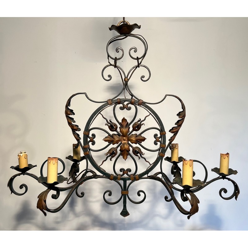 Large Wrought Iron Six-Light Chandelier with Gilt Palmettes, French Work, circa 1940
