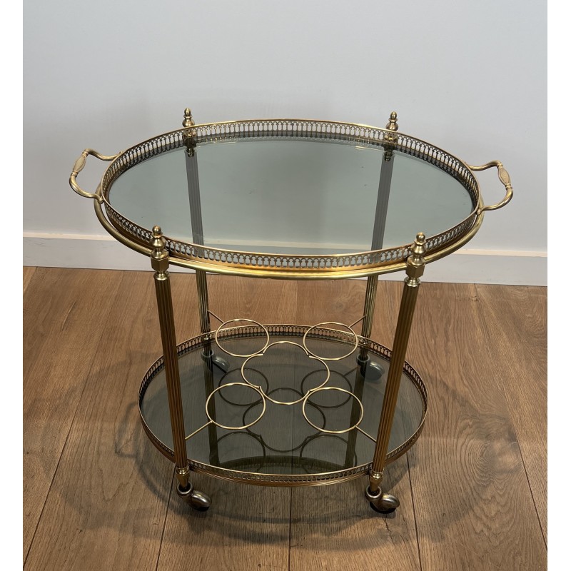 Table Roulante Ovale en Laiton à Plateaux de Verre Bleutés de la Maison Jansen