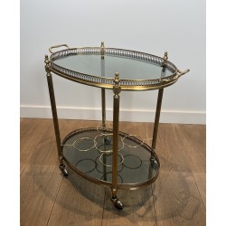 Neoclassical Style Oval Brass Drinks Trolley with Bluish Glass by Maison Jansen