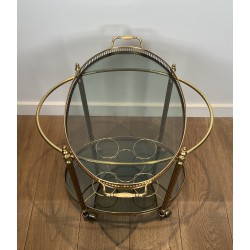 Neoclassical Style Oval Brass Drinks Trolley with Bluish Glass by Maison Jansen