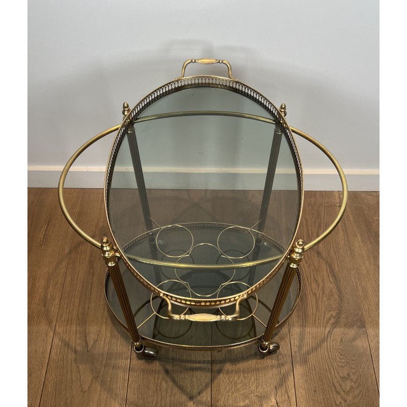 Neoclassical Style Oval Brass Drinks Trolley with Bluish Glass by Maison Jansen