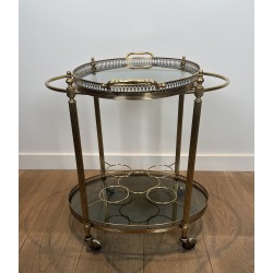 Neoclassical Style Oval Brass Drinks Trolley with Bluish Glass by Maison Jansen