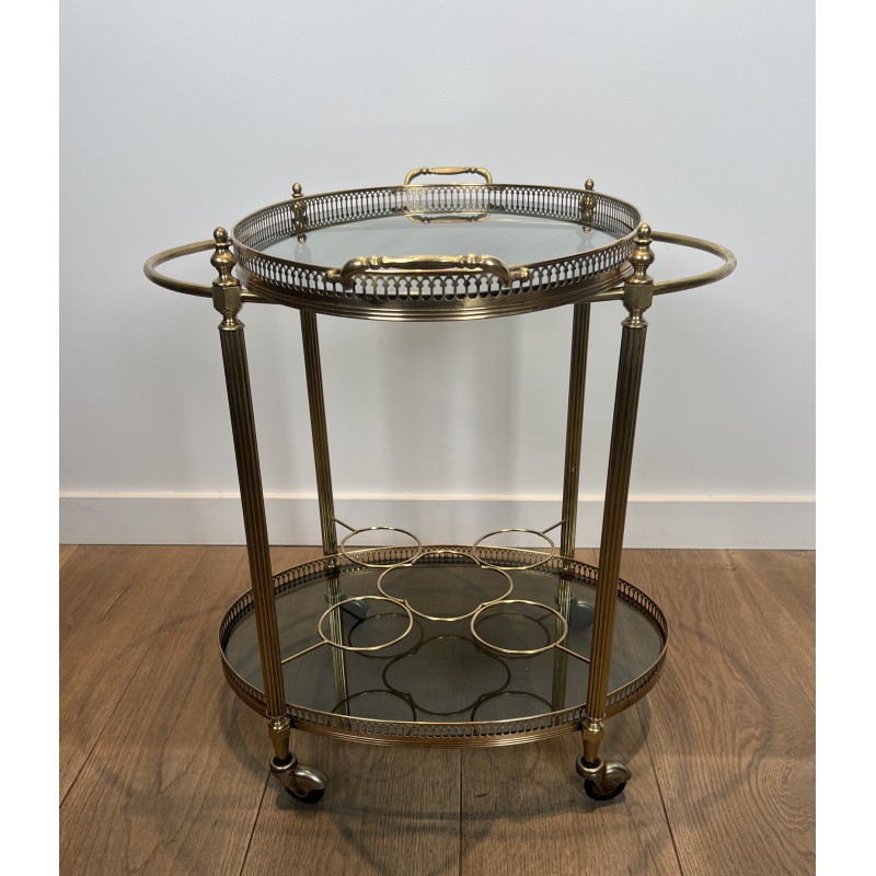 Table Roulante Ovale en Laiton à Plateaux de Verre Bleutés de la Maison Jansen