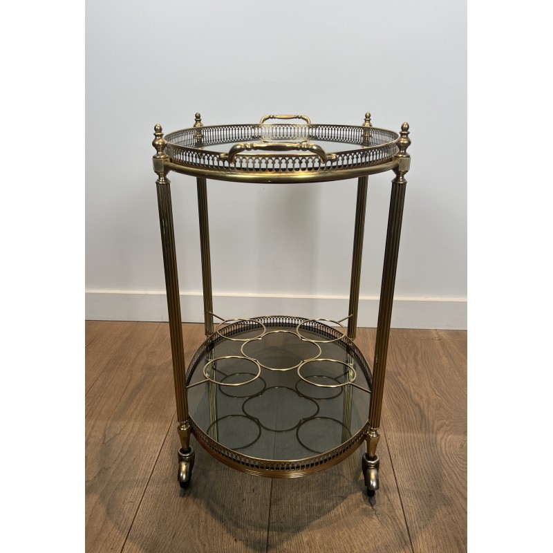 Neoclassical Style Oval Brass Drinks Trolley with Bluish Glass by Maison Jansen