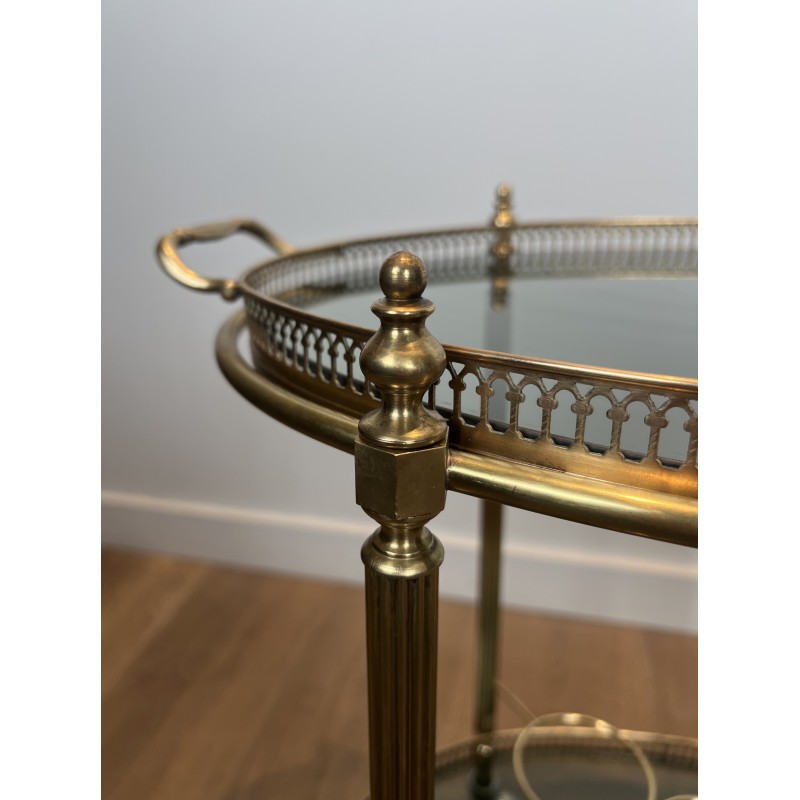 Neoclassical Style Oval Brass Drinks Trolley with Bluish Glass by Maison Jansen