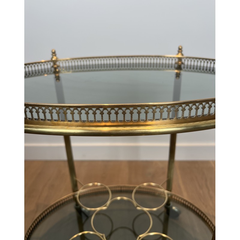Neoclassical Style Oval Brass Drinks Trolley with Bluish Glass by Maison Jansen