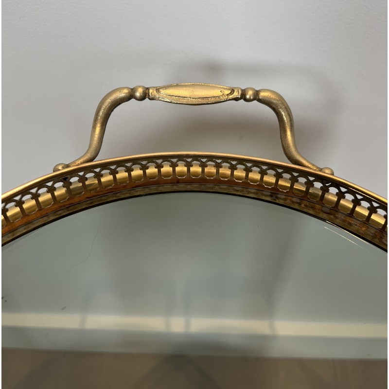 Neoclassical Style Oval Brass Drinks Trolley with Bluish Glass by Maison Jansen