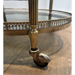 Table Roulante Ovale en Laiton à Plateaux de Verre Bleutés de la Maison Jansen