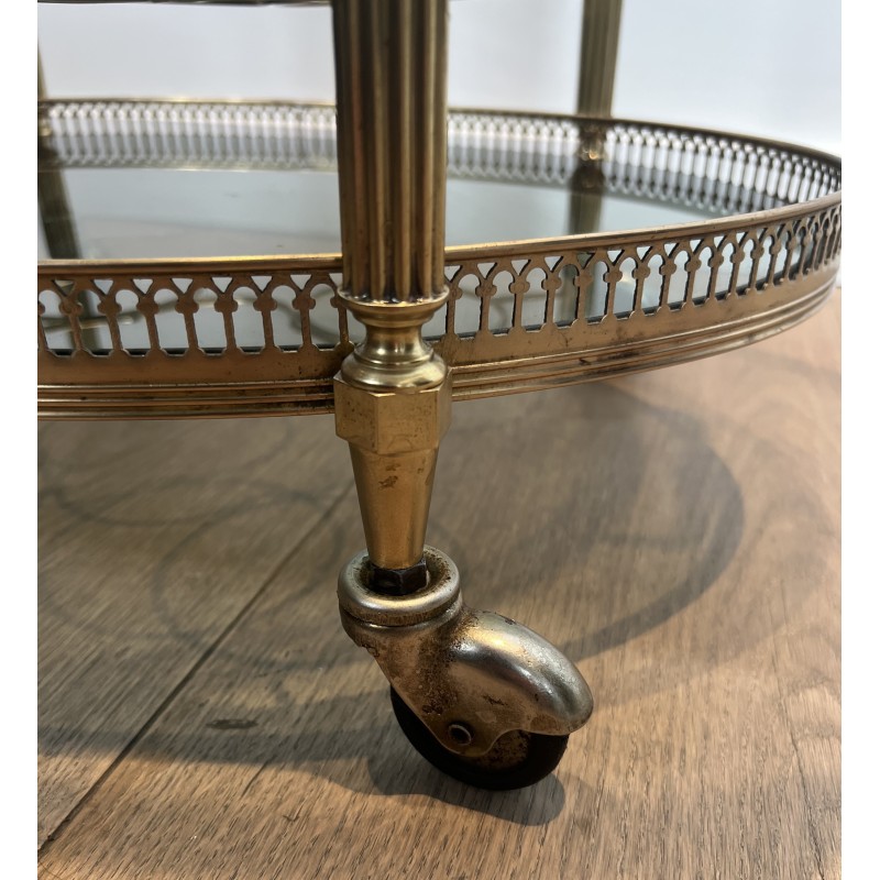 Table Roulante Ovale en Laiton à Plateaux de Verre Bleutés de la Maison Jansen