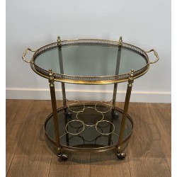 Table Roulante Ovale en Laiton à Plateaux de Verre Bleutés de la Maison Jansen