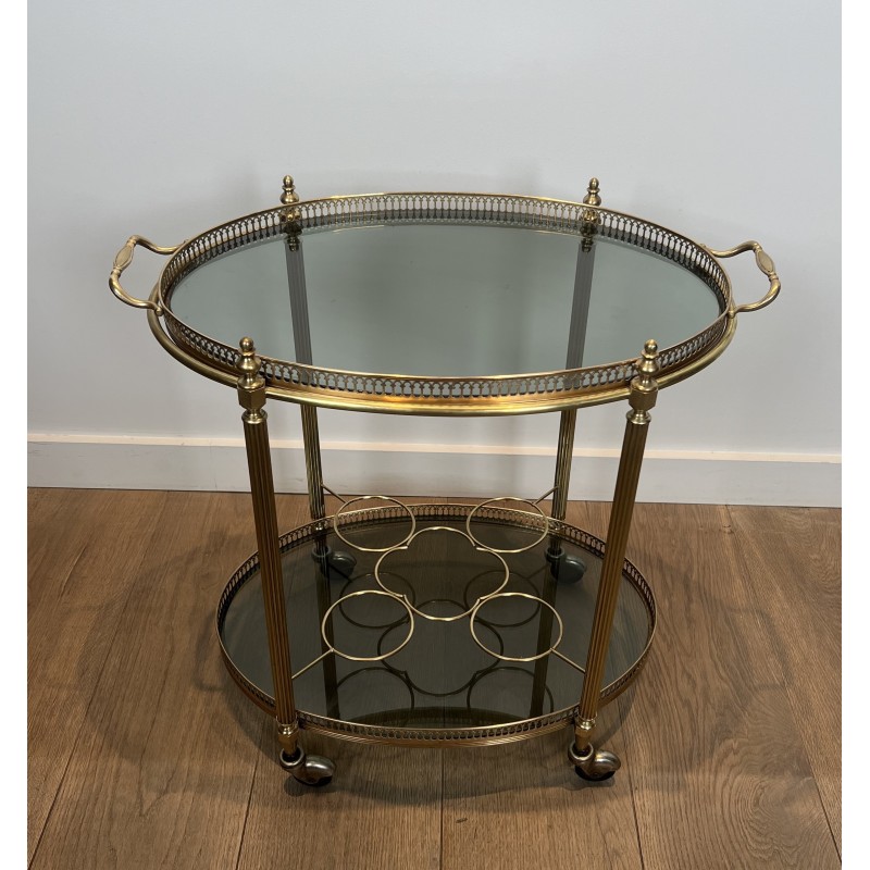 Neoclassical Style Oval Brass Drinks Trolley with Bluish Glass by Maison Jansen