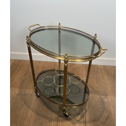 Neoclassical Style Oval Brass Drinks Trolley with Bluish Glass by Maison Jansen