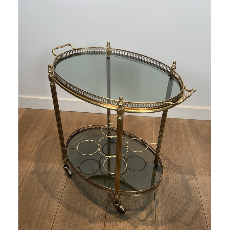 Neoclassical Style Oval Brass Drinks Trolley with Bluish Glass by Maison Jansen