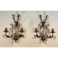 Pair of Gilded Metal and Crystals Wall Sconces in the style of Maison Baguès