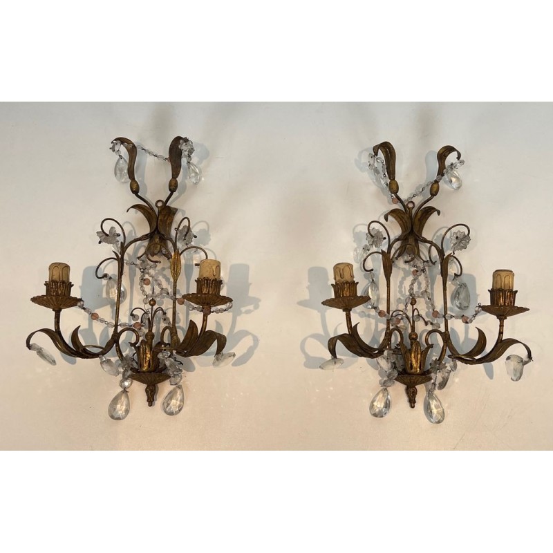 Pair of Gilded Metal and Crystals Wall Sconces in the style of Maison Baguès