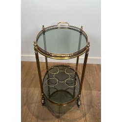 Neoclassical Style Oval Brass Drinks Trolley with Bluish Glass by Maison Jansen