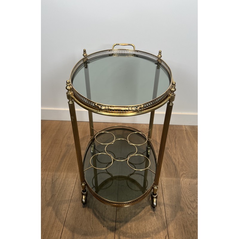 Neoclassical Style Oval Brass Drinks Trolley with Bluish Glass by Maison Jansen