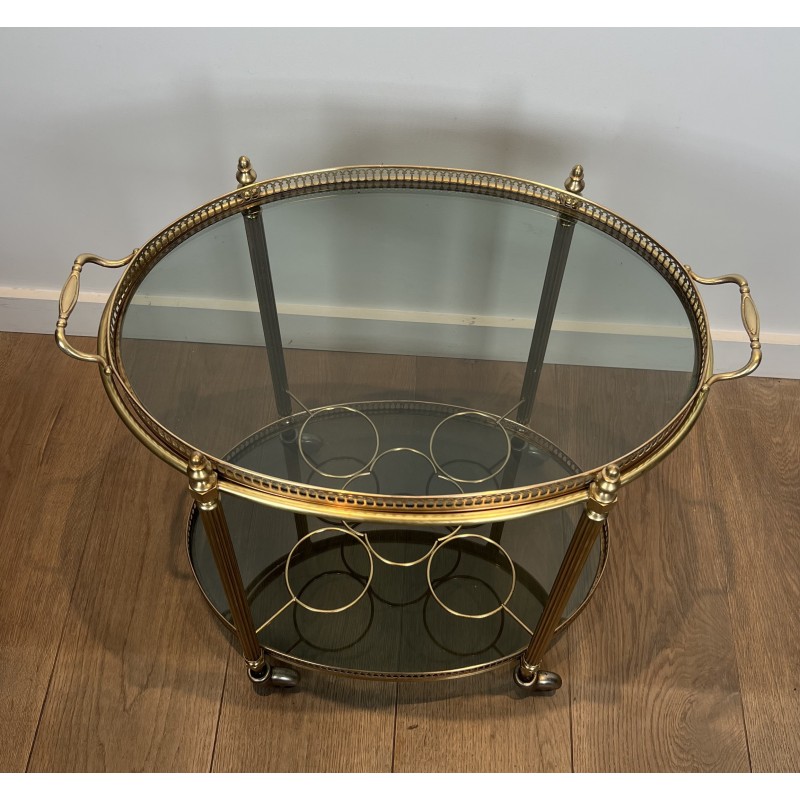 Neoclassical Style Oval Brass Drinks Trolley with Bluish Glass by Maison Jansen